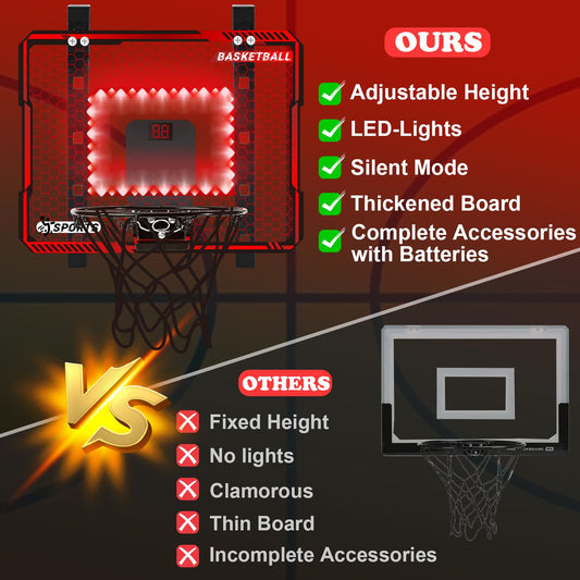 NEUBSAW door-hanging mini hoop showing adjustable height for growing players