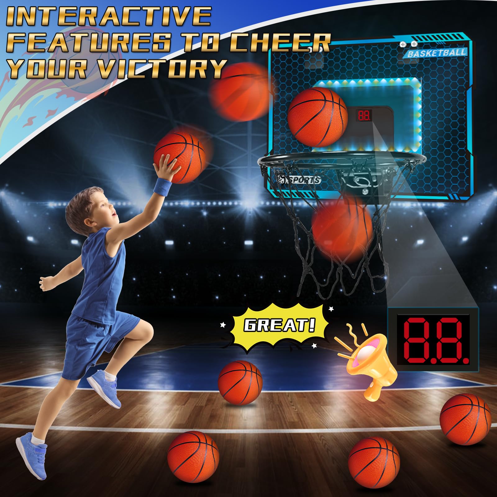 Shatterproof backboard and sturdy rim designed for daily use.