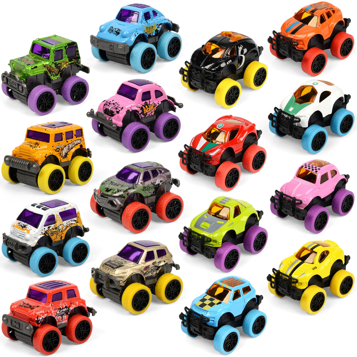 Neureyte 16-pack die-cast mini monster trucks for imaginative play and display
