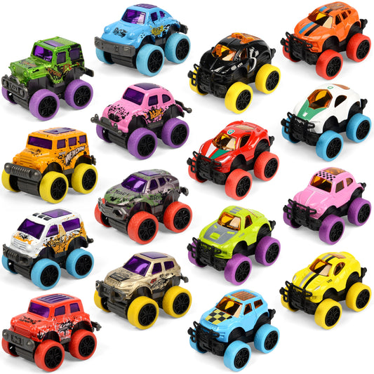 Neureyte 16-pack die-cast mini monster trucks for imaginative play and display