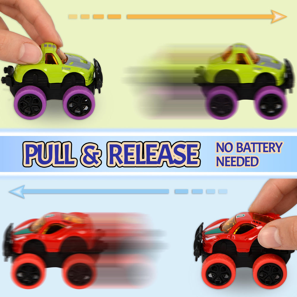 Neureyte pull-back alloy toy cars in action for fast, battery-free racing fun