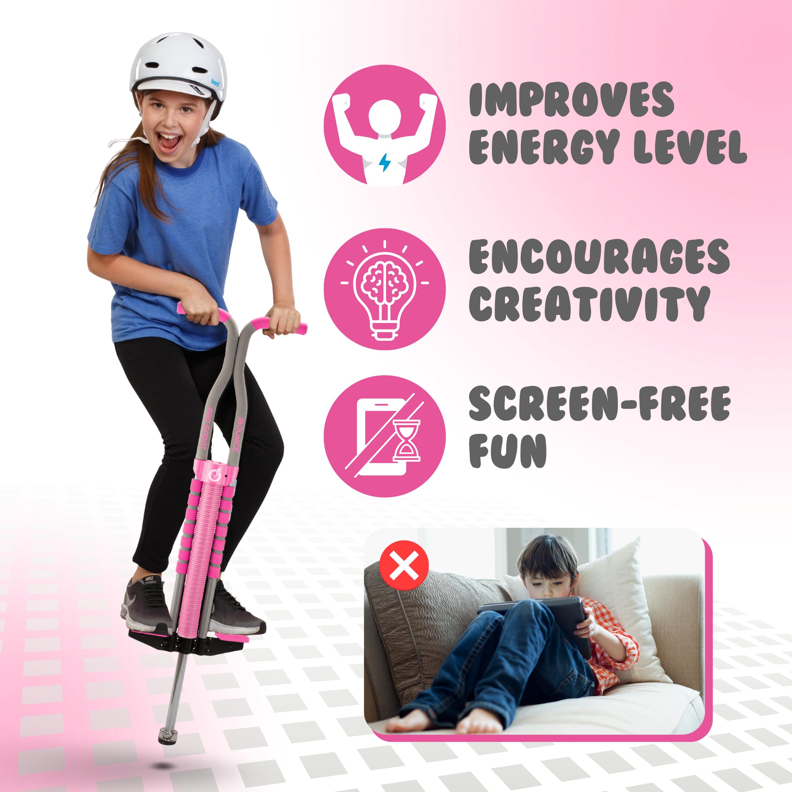 New Bounce Pogo Stick kid jumping action demonstrates energetic outdoor play.