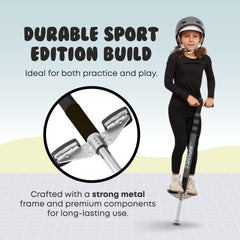 New Bounce pogo stick durable frame image emphasizes long-lasting construction for beginners.