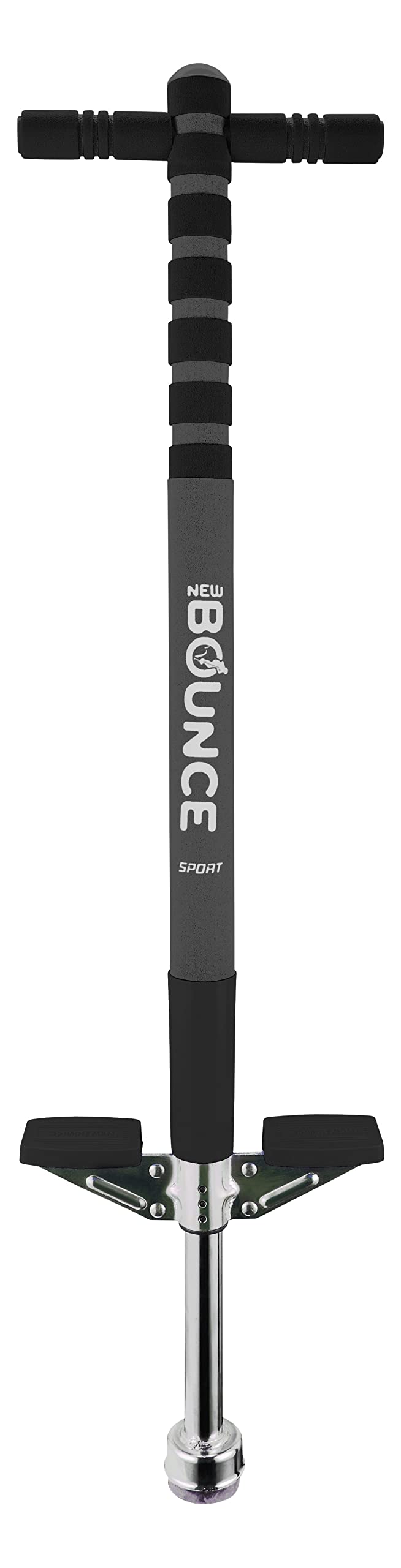 New Bounce pogo stick front view shows a sturdy frame for active play in kids 40–80 lbs.