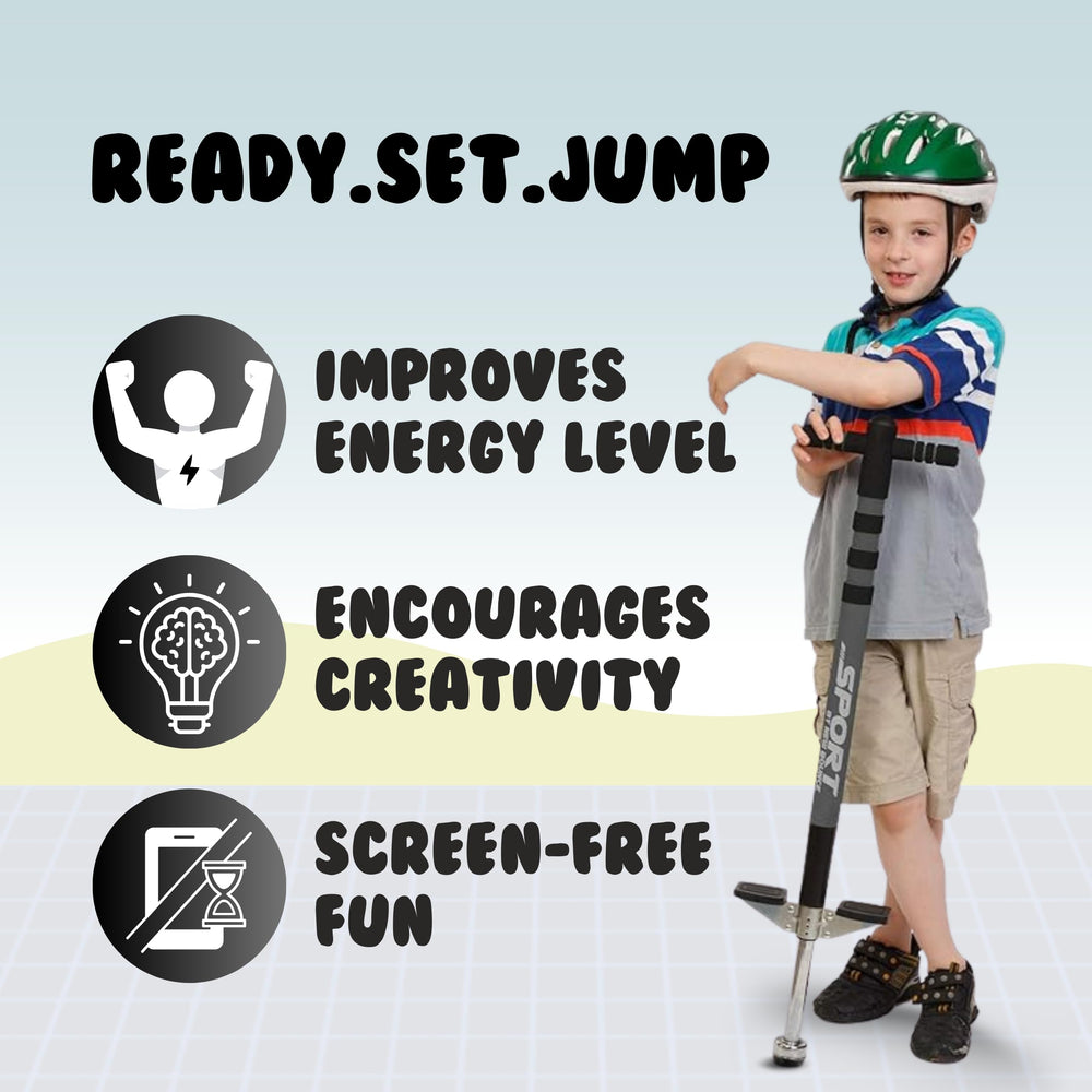 New Bounce pogo stick outdoor play image conveys safe, upbeat activity for backyard sessions.