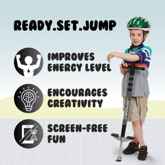 New Bounce pogo stick outdoor play image conveys safe, upbeat activity for backyard sessions.