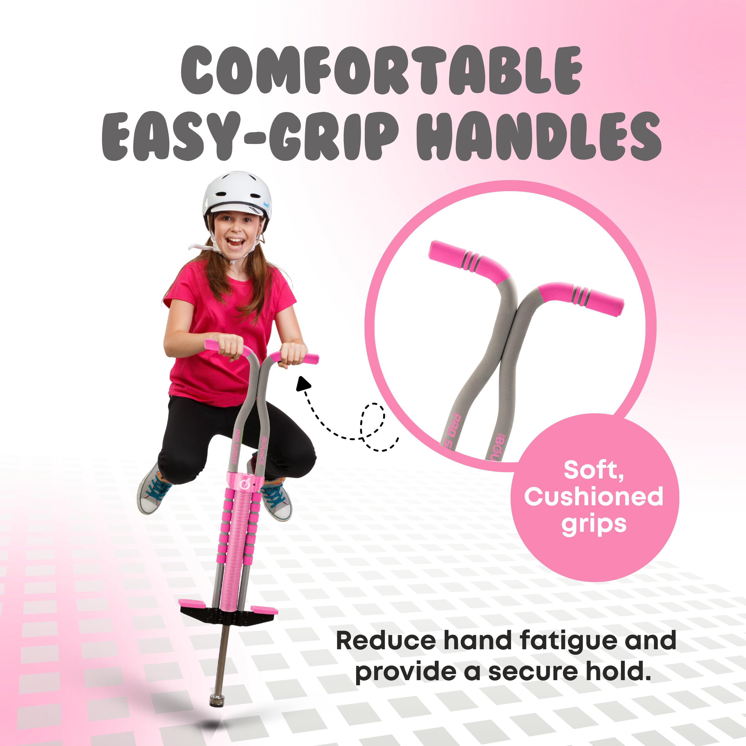 New Bounce Pogo Stick wide stance design improves stability during jumps.