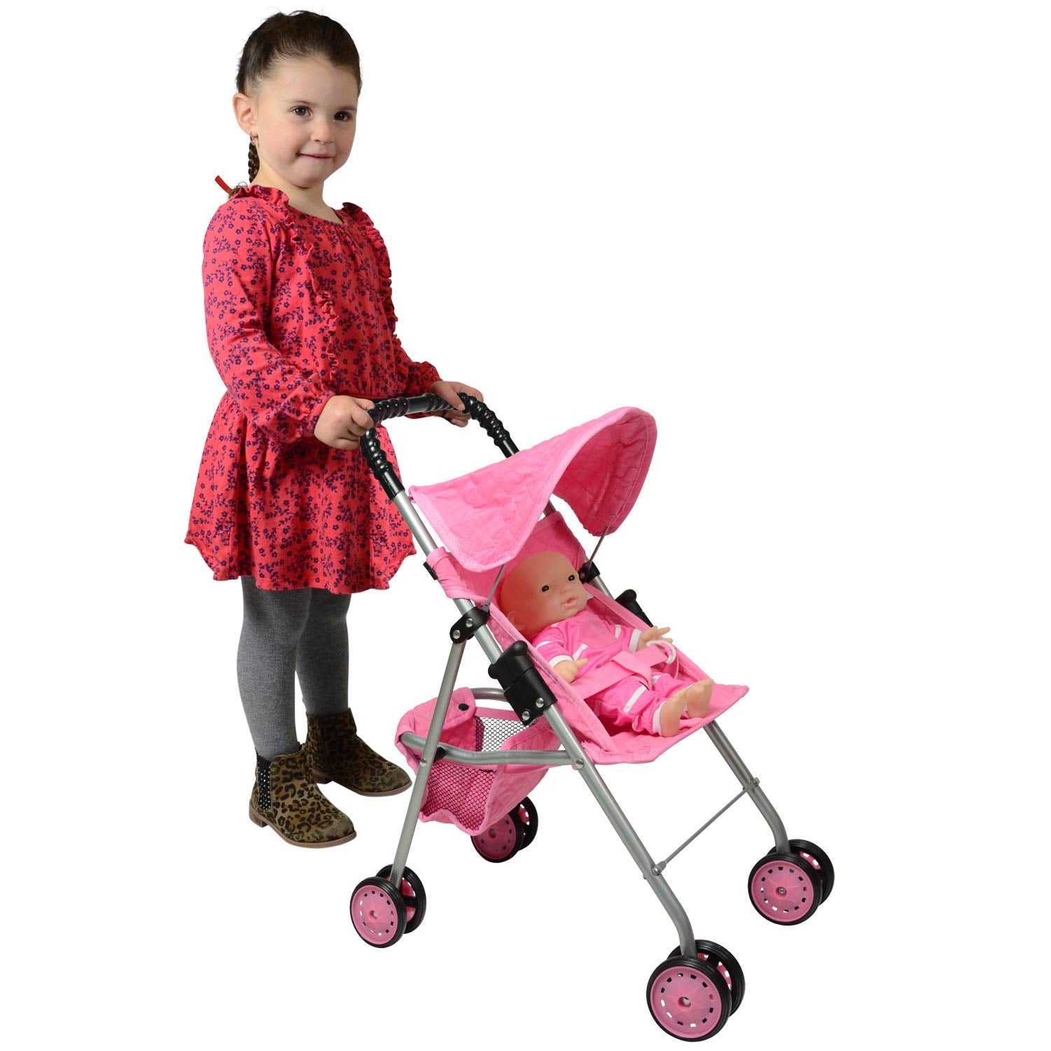 The New York Doll Collection Doll Stroller Basket Bottom stores accessories on adventures.