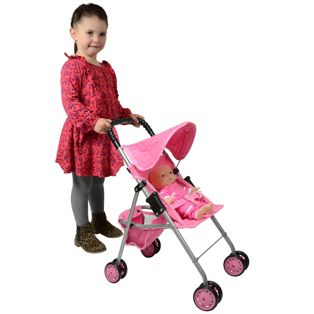 The New York Doll Collection Doll Stroller Basket Bottom stores accessories on adventures.