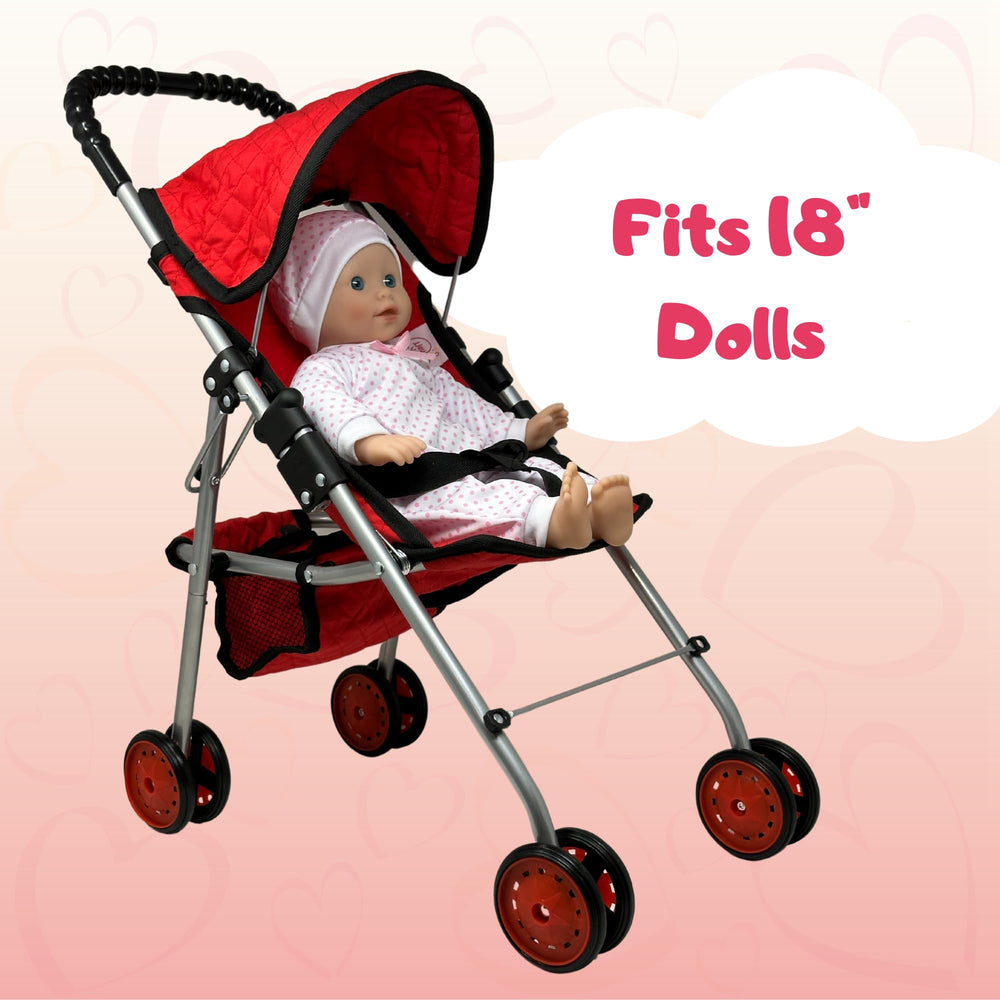 The New York Doll Collection doll stroller with basket demonstrates practical playtime storage.