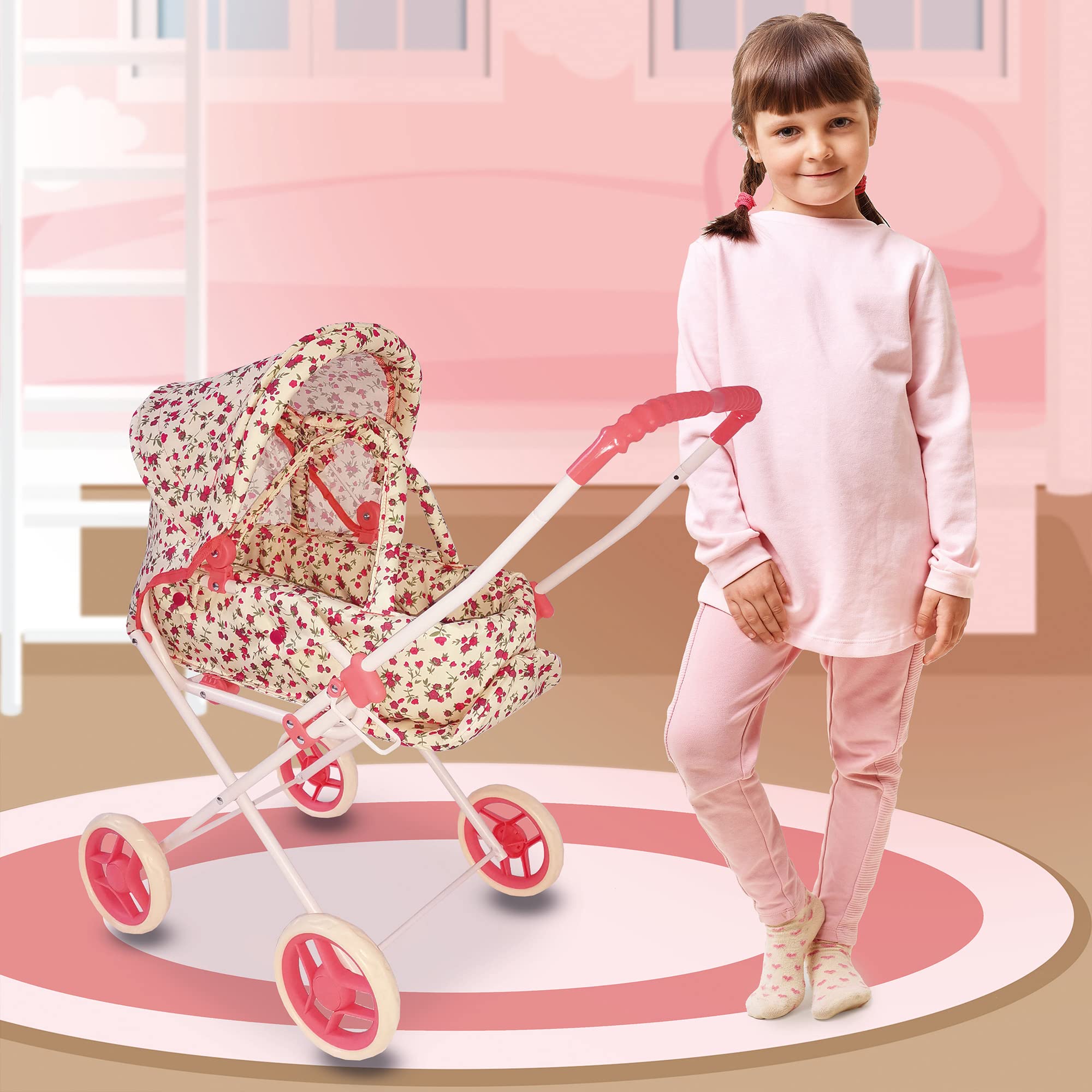 The New York Doll Collection floral doll stroller wipe-clean fabric for easy care.