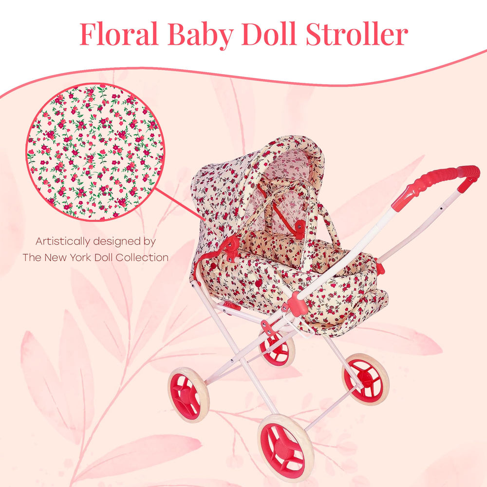 The New York Doll Collection floral doll stroller folded for compact storage.