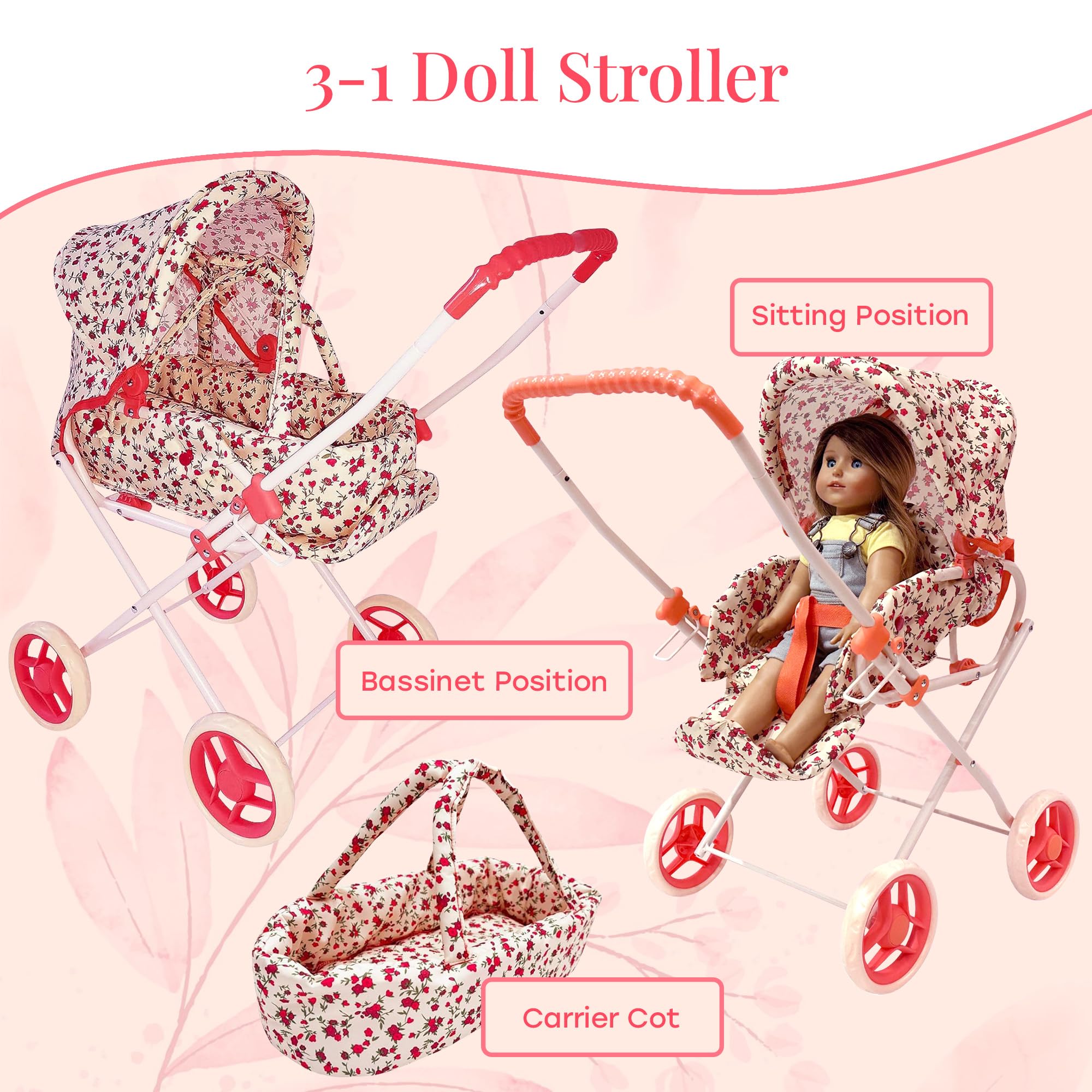 The New York Doll Collection floral doll stroller open bassinet showcases roomy cradle.