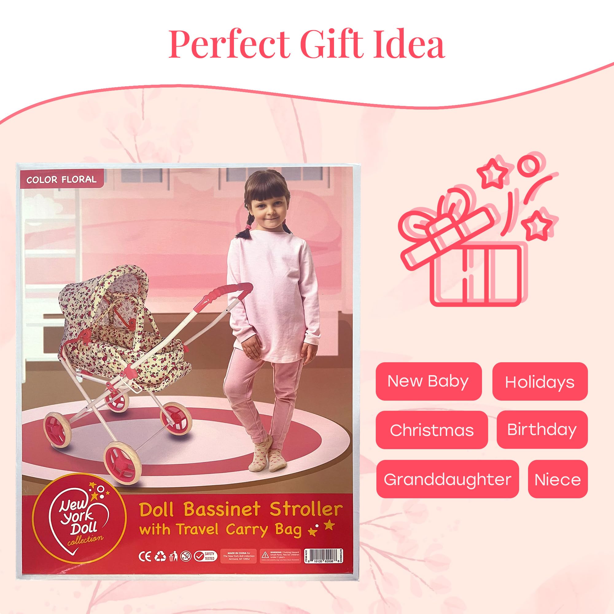 The New York Doll Collection floral doll stroller steel frame for lasting strength.