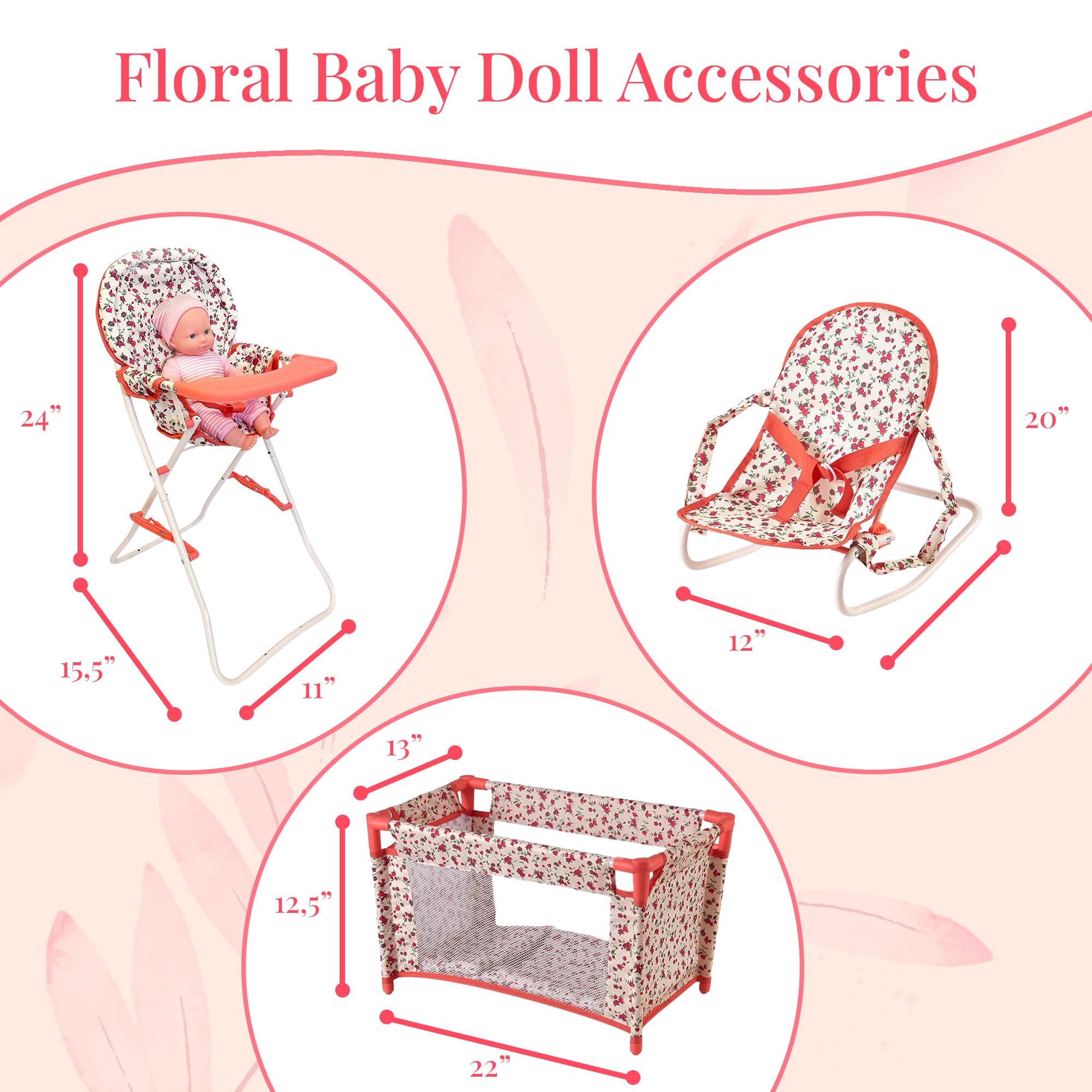 The New York Doll Collection floral pack n' play crib, portable for travel.