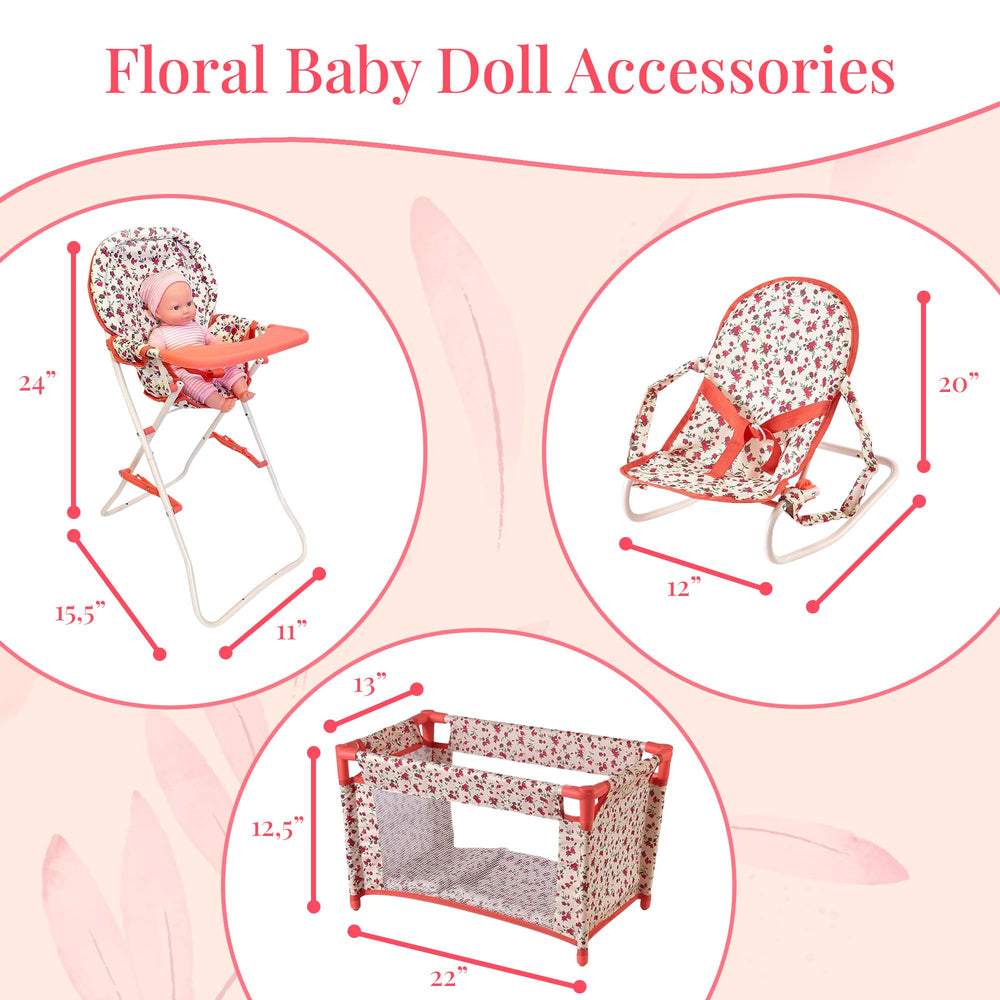 The New York Doll Collection floral pack n' play crib, portable for travel.