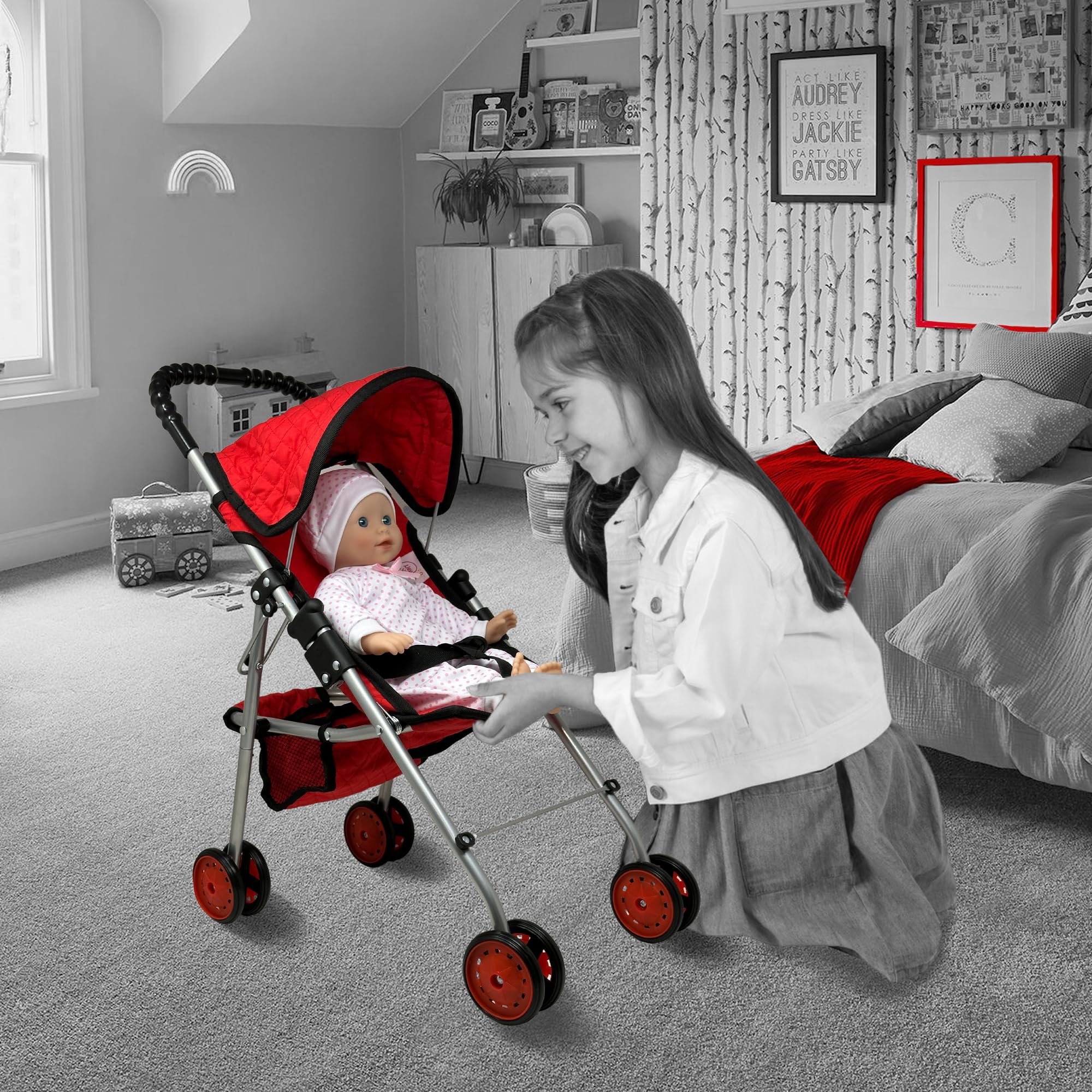 The New York Doll Collection foldable doll stroller with red quilt shows easy folding for storage.