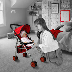 The New York Doll Collection foldable doll stroller with red quilt shows easy folding for storage.