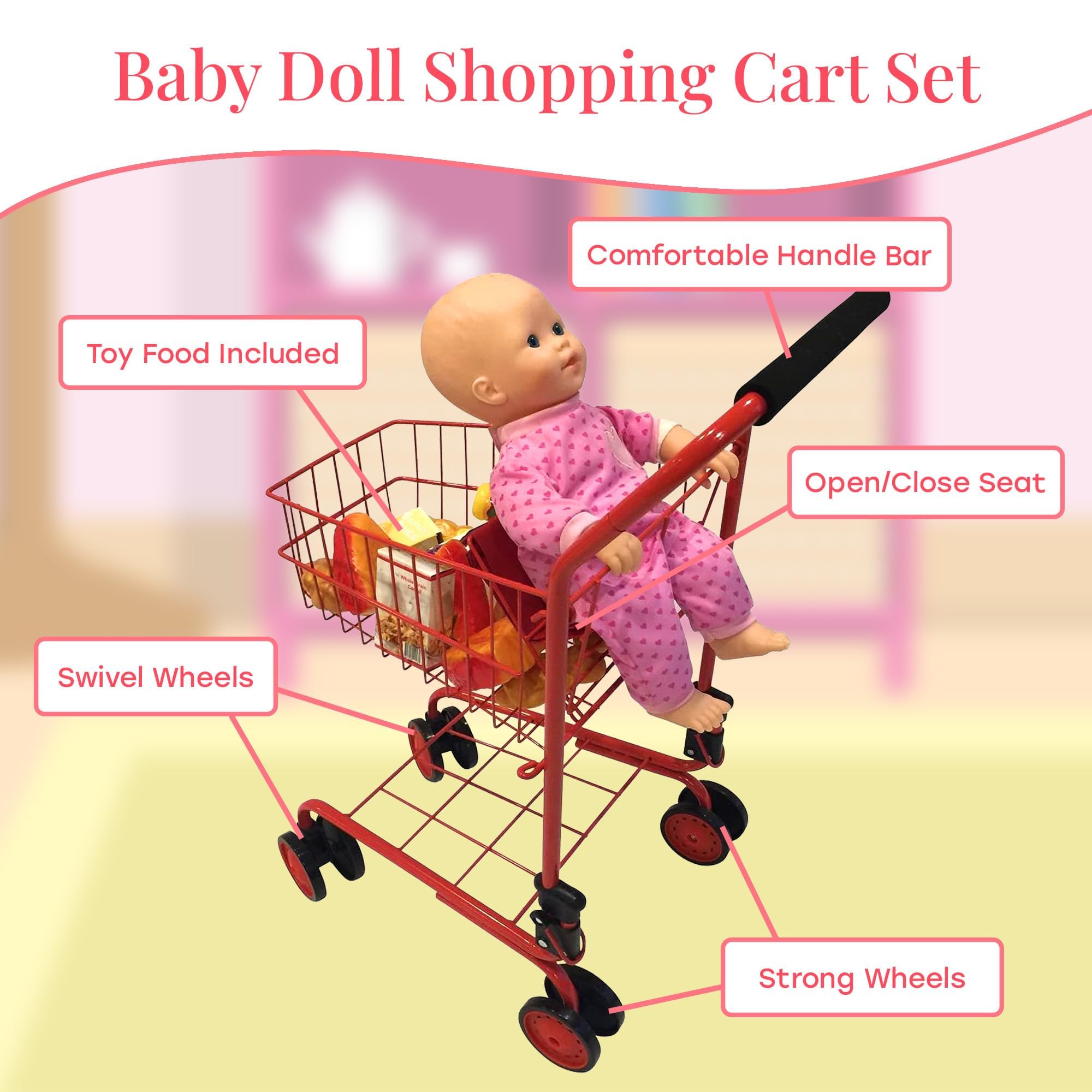 The New York Doll Collection food-included set invites realistic grocery role-play for kids.