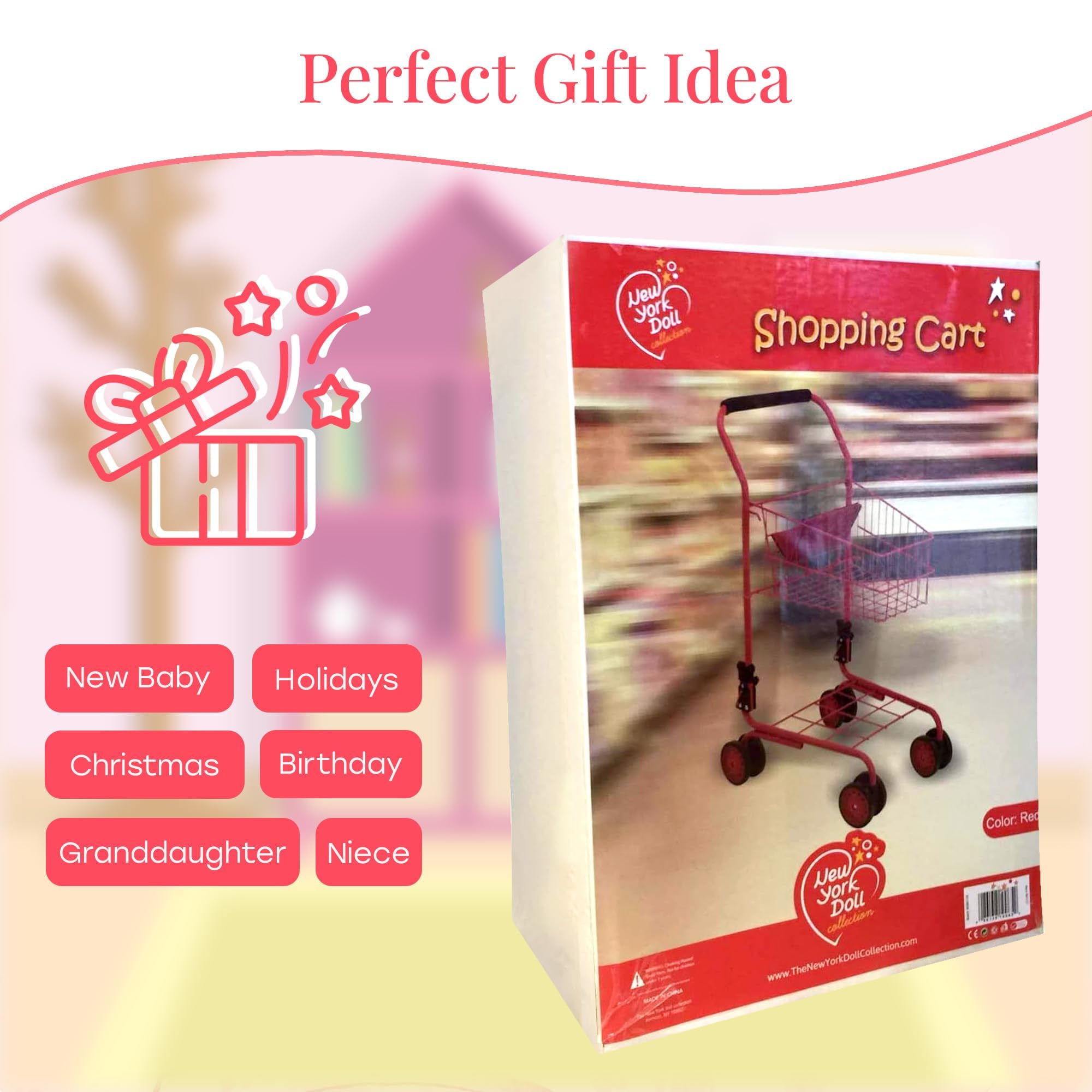 The New York Doll Collection red cart with bright color and realistic detailing attracts kids to play.