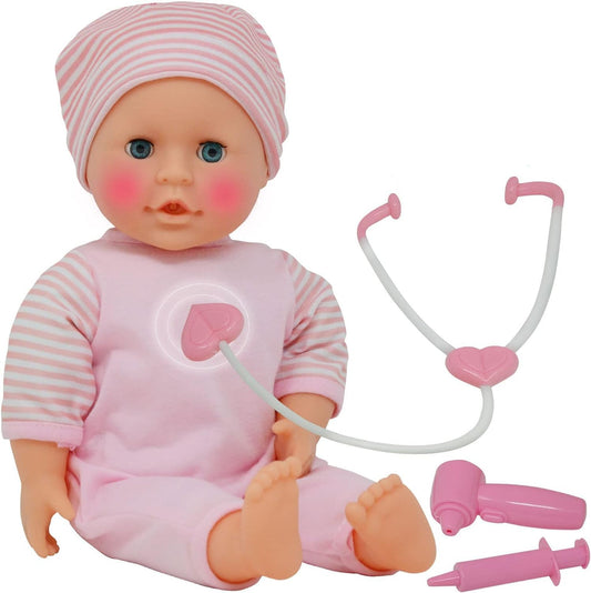 The New York Doll Collection interactive doctor doll with pink outfit ready for pretend checkups.