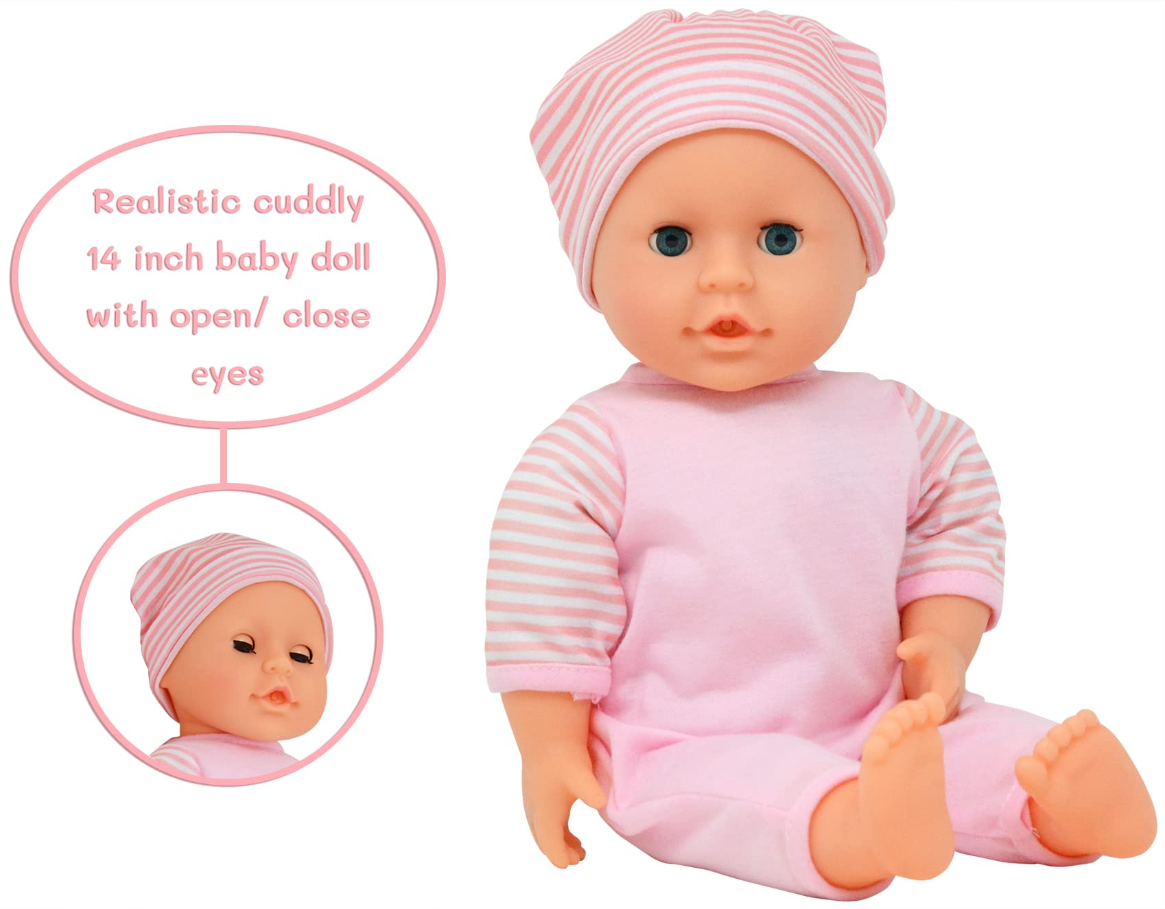 The New York Doll Collection newborn cap and clothes set enhances authentic hospital-style attire.