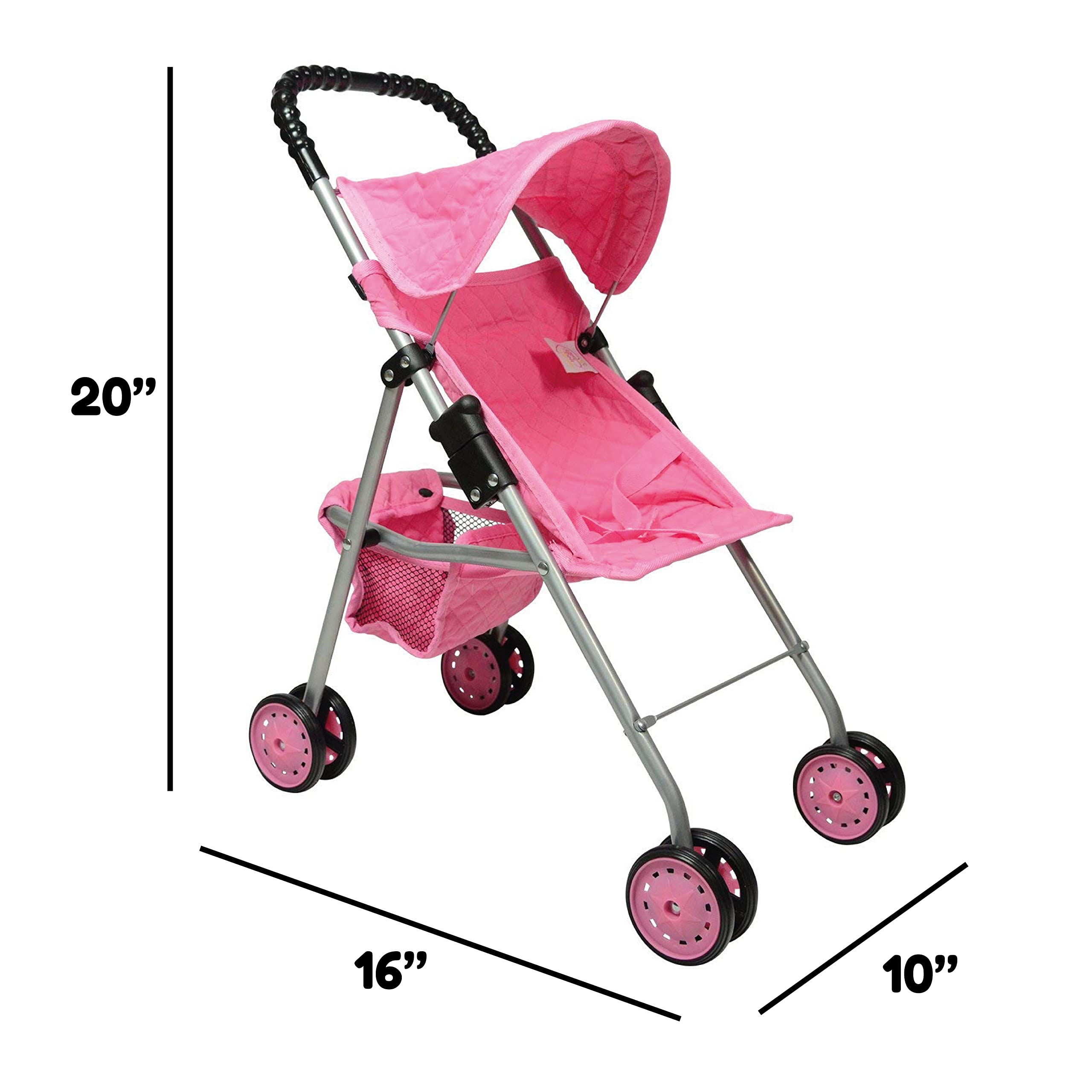 The New York Doll Collection Pink Quilted Stroller adds a charming look during pretend play.