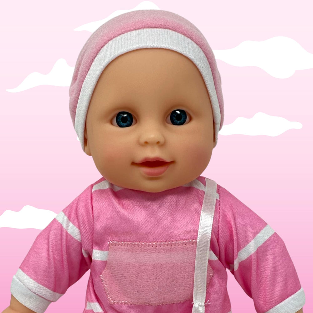 The New York Doll Collection polka striped onesie enhances adorable playtime outfits