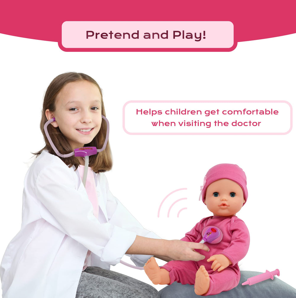 Toy thermometer included for pretend temperature checks during checkups