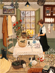 New York Puzzle Company 1000-piece puzzle with Loré Pemberton illustration and vibrant colors.