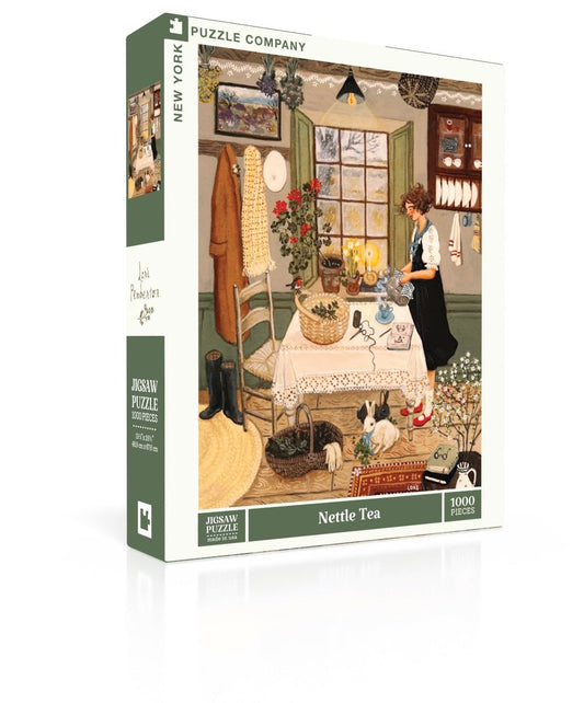 New York Puzzle Company Loré Pemberton Nettle Tea puzzle artwork, tranquil woodland scene for family nights.