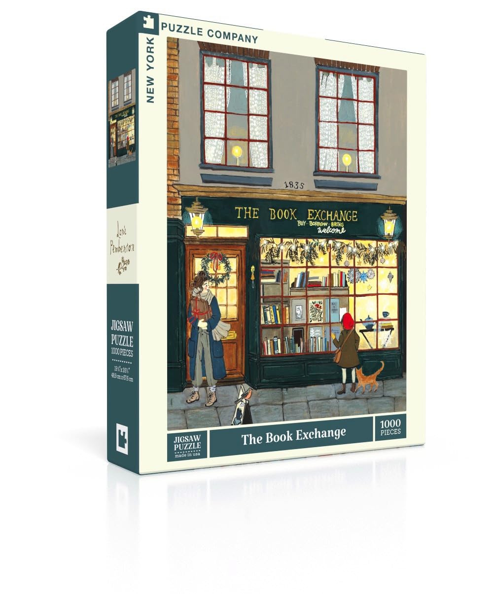 New York Puzzle Company Lore Pemberton Book Exchange 1000-piece puzzle showcases tranquil forest scene for mindful evenings.