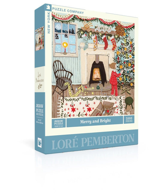 New York Puzzle Company Loré Pemberton Merry and Bright 500-piece puzzle cover for relaxing evenings.