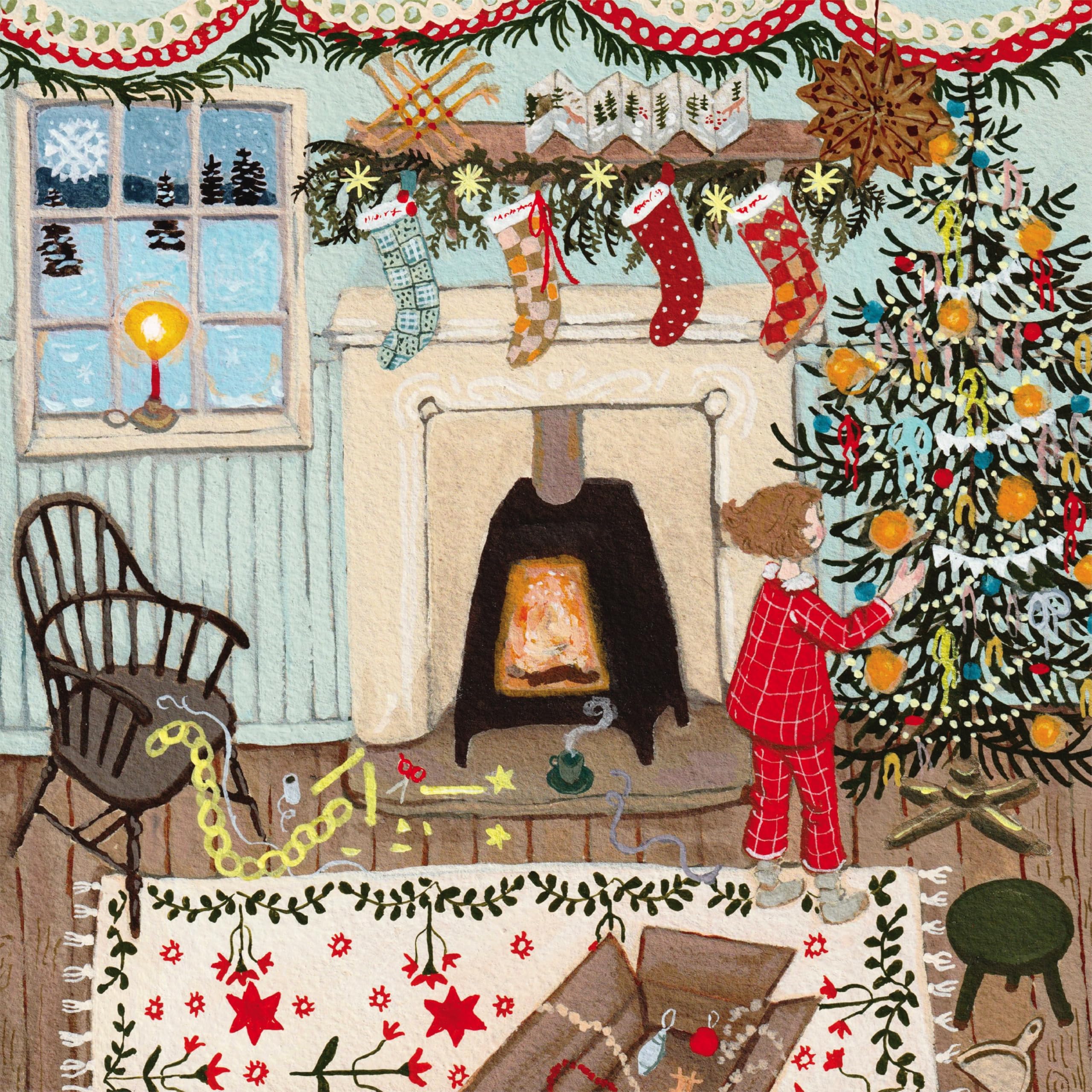 New York Puzzle Company Loré Pemberton Merry and Bright puzzle artwork illustrates tranquil woodland scenes.