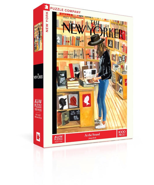 New York Puzzle Company puzzle featuring a New Yorker cover at The Strand, ideal for collectors.