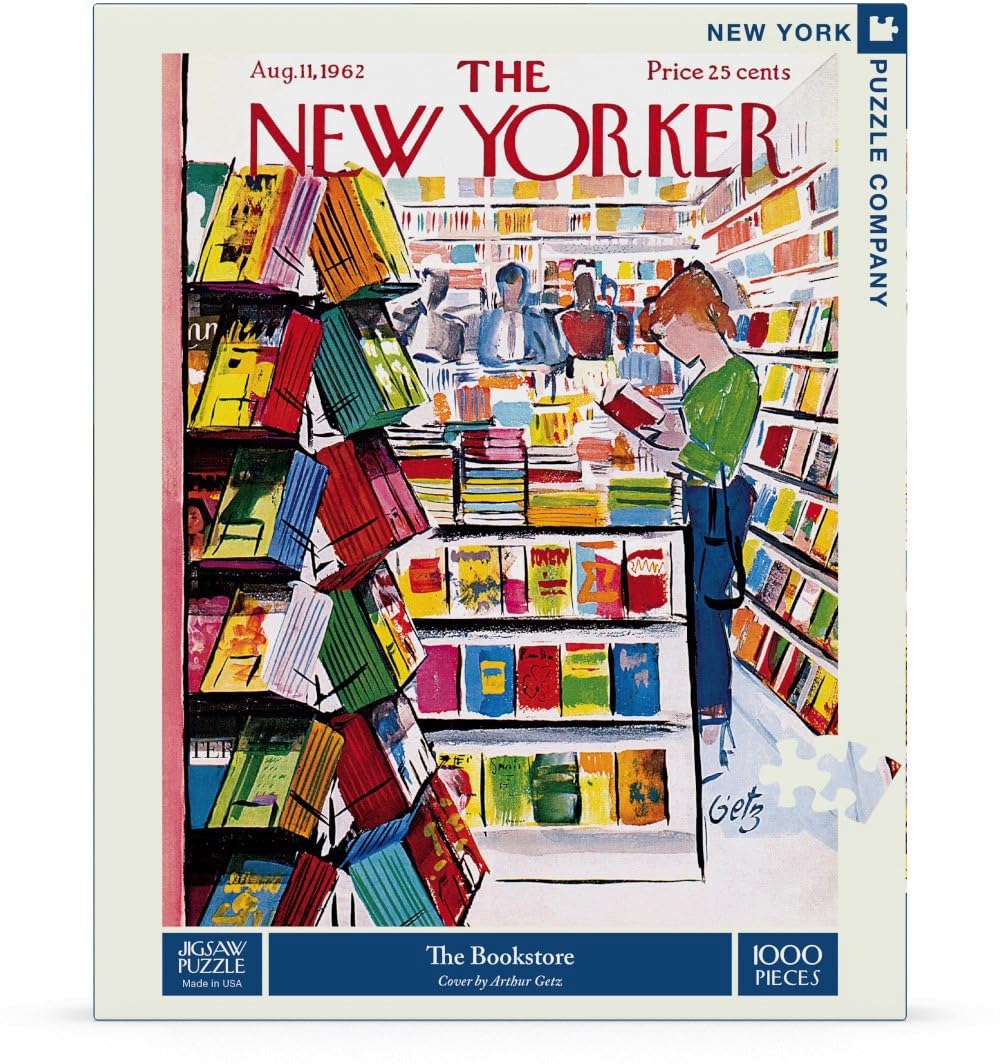New York Puzzle Company New Yorker The Bookstore puzzle pieces feature random cuts for a unique challenge.