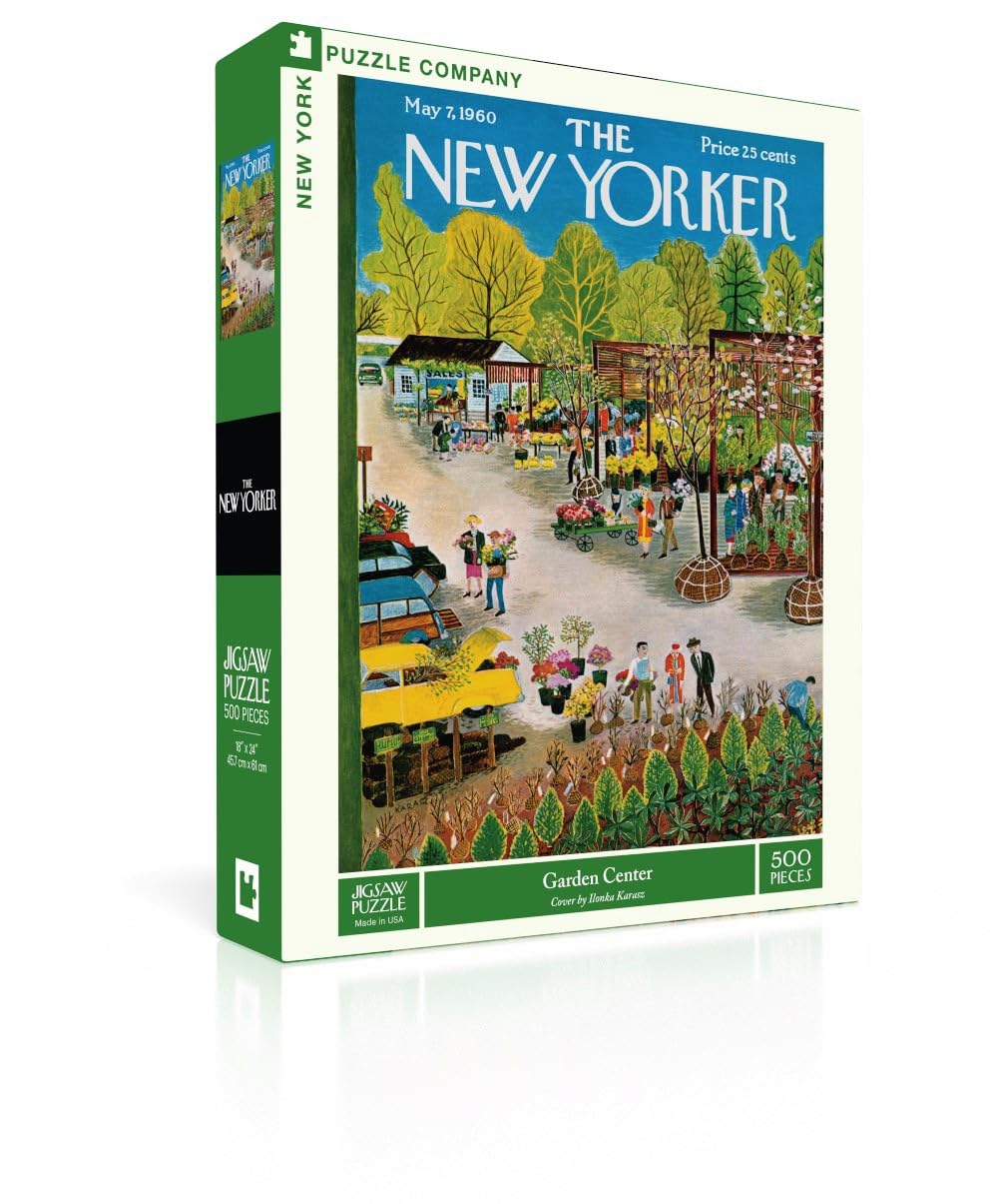 New York Puzzle Company New Yorker Garden Center cover—vibrant urban flora for family puzzle time.