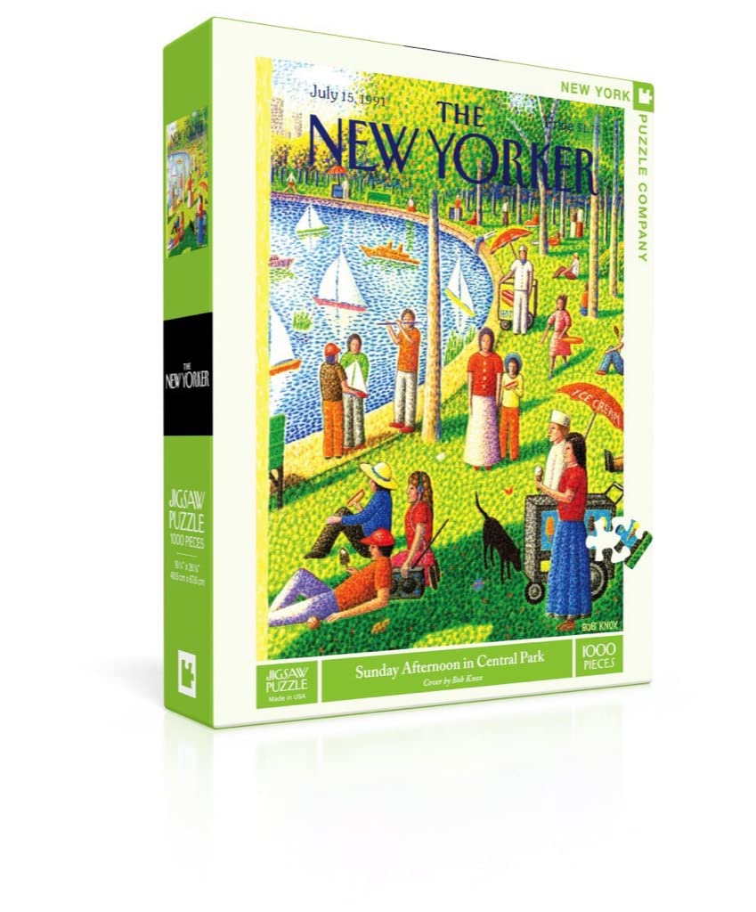New York Puzzle Company sunlit patio and sculptures Central Park scene, ideal for weekend puzzling.