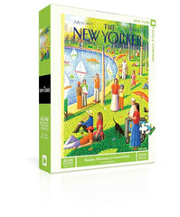 New York Puzzle Company sunlit patio and sculptures Central Park scene, ideal for weekend puzzling.