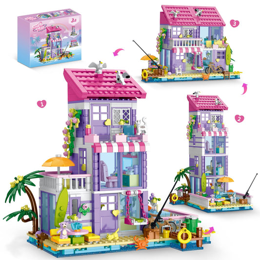 NewABWN 3-in-1 pink girls beach house with LED light for cozy storytelling.
