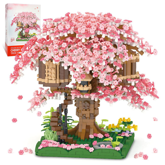 NEWABWN Cherry Blossom Bonsai Tree House front view highlights detailed micro brick architecture for display
