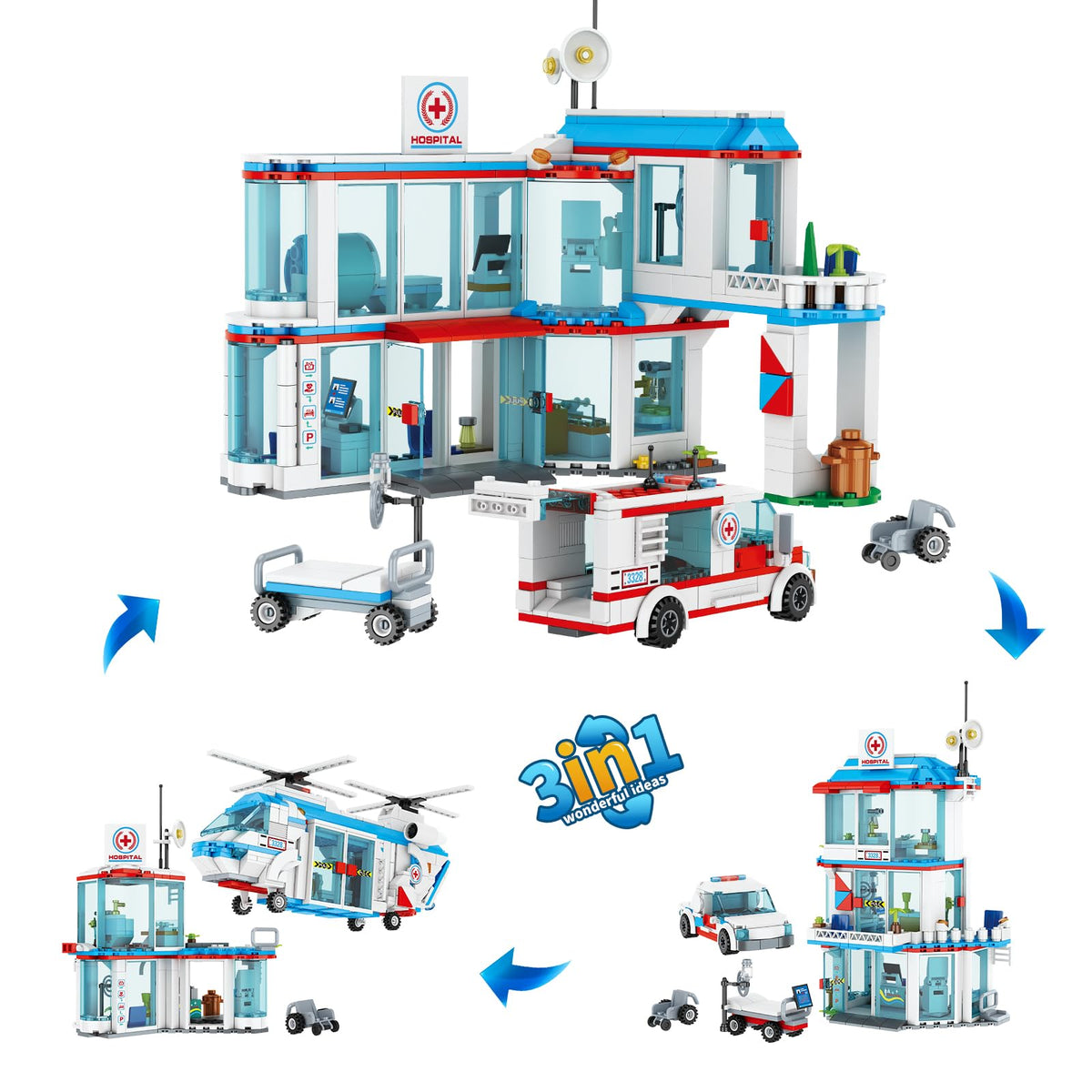 NEWABWN City Hospital STEM three-in-one set assembly for versatile city-building play.