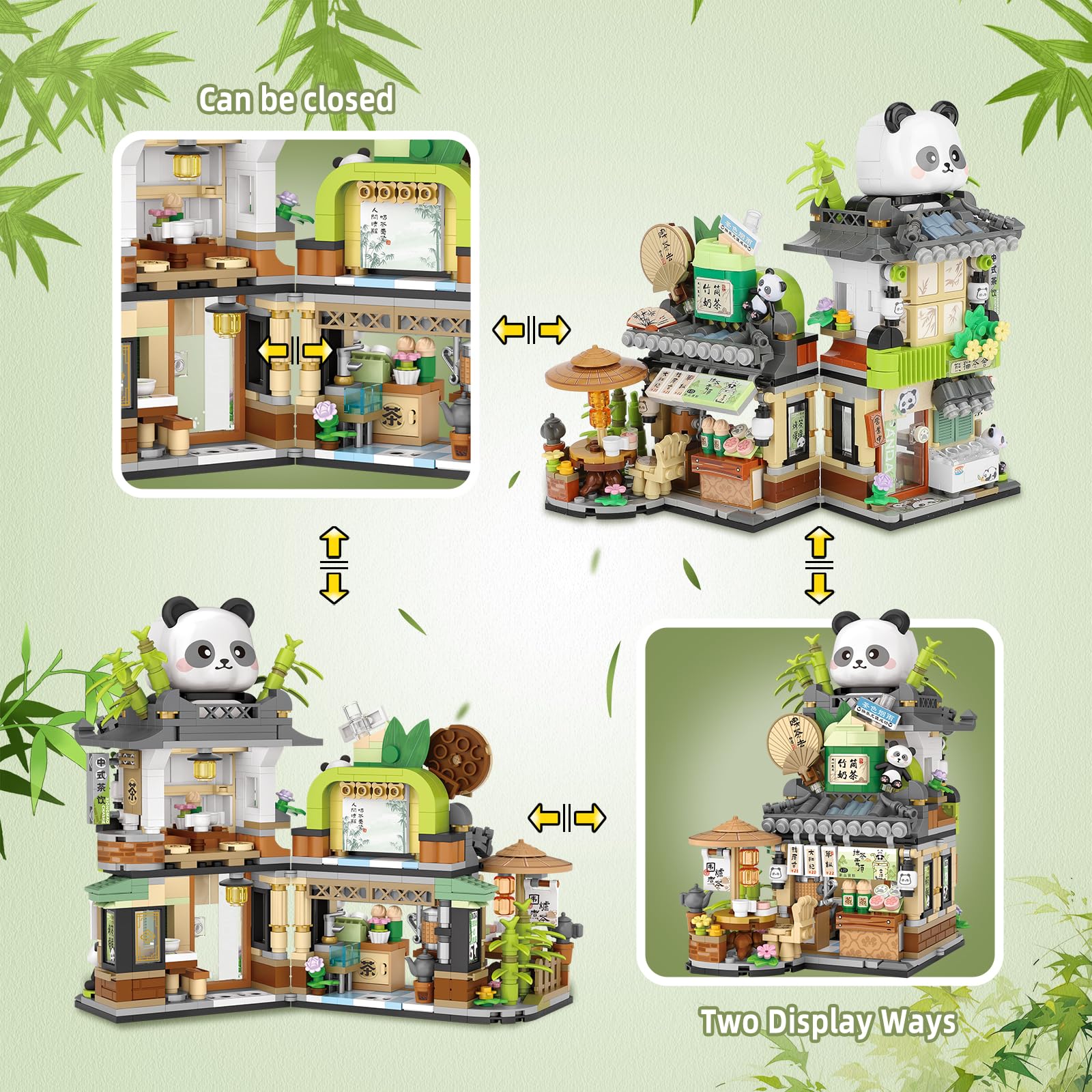 NEWABWN Street View Tea Shop panda figures add cute charm to kids' imaginative scenes.