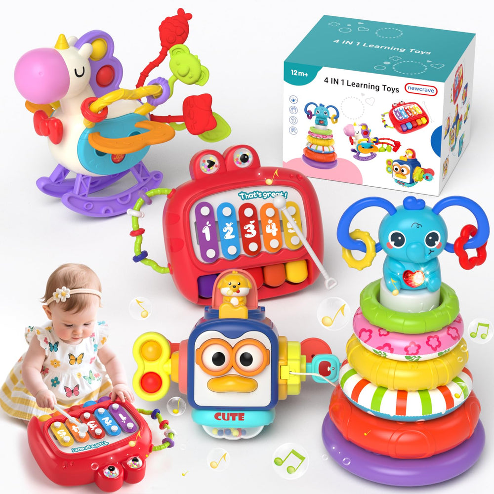 Newcrave 4-in-1 busy cube image emphasizing tactile play and visual cues for development