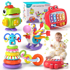 Newcrave 4-in-1 baby toy with stacking, sounds, and colors promotes early exploration.