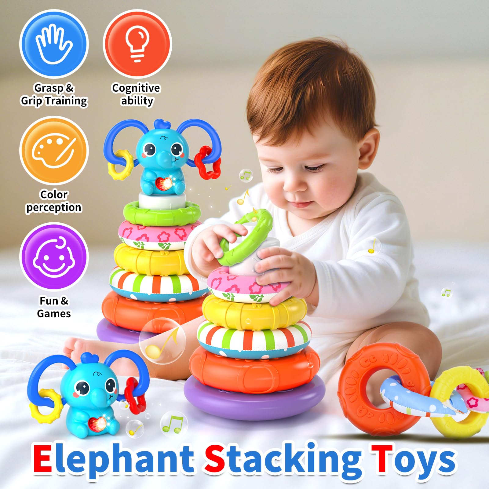 Newcrave colorful stacking rings support color recognition and hand-eye coordination.