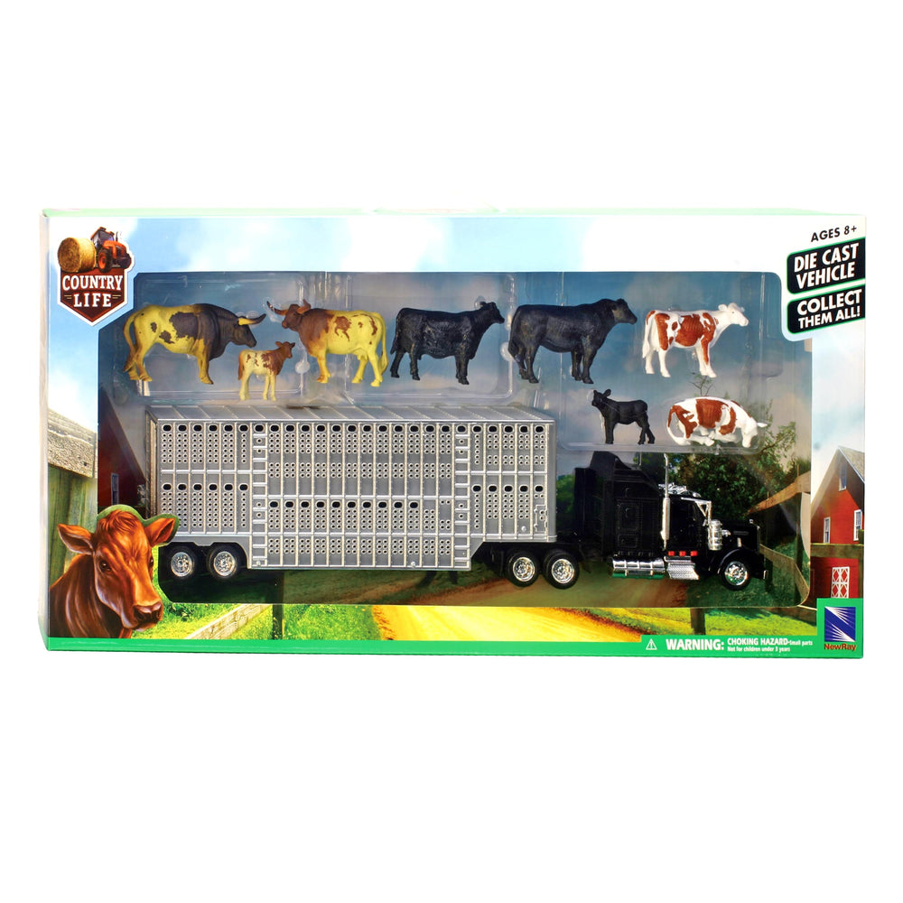 NewRay 1:43 Livestock Playset blue trailer with cows and ramp for easy transport.