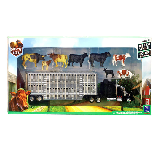NewRay 1:43 Livestock Playset blue trailer with cows and ramp for easy transport.