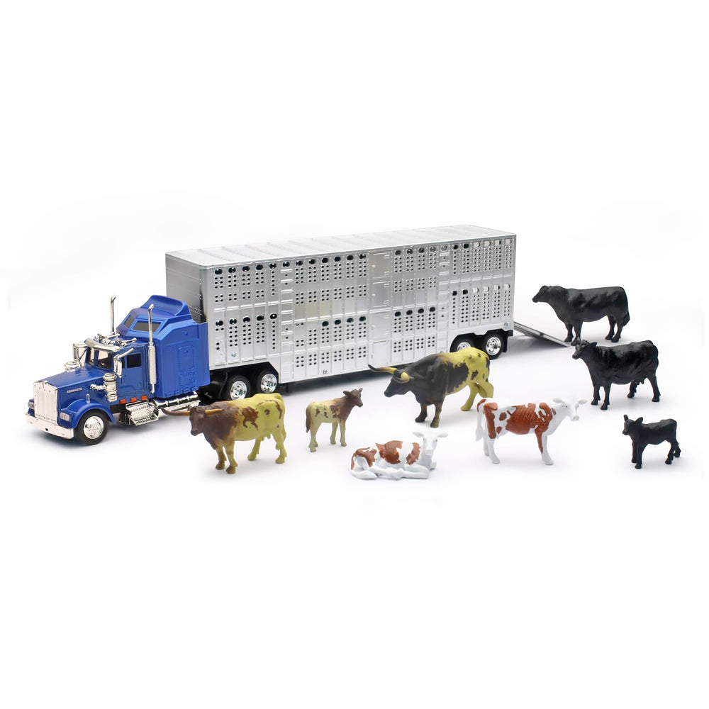 NewRay 1:43 Livestock Playset blue truck cab with free-wheeling tires for smooth play.