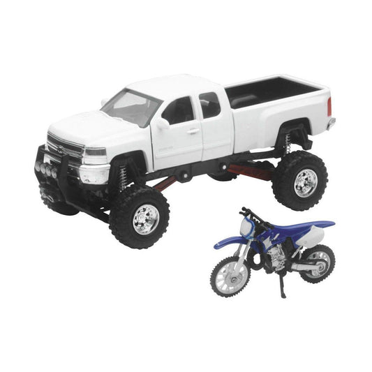 NewRay 1:32 scale white Chevy with YZ125 dirt bike set, ideal for display and collectors
